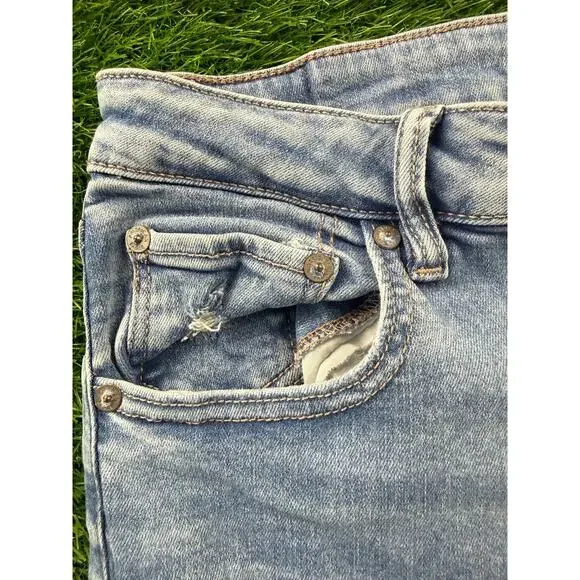 AE Next Level Ripped Super High-Waist Flare Jeans Women's 12 Blue Denim Stretch - Picture 8 of 16